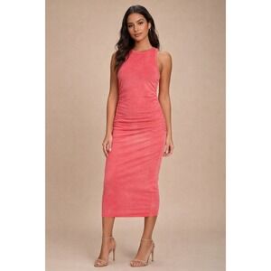 Lulus XL Coral Pink Mineral Wash Ruched Bodycon Midi Dress Sleeveless NWT